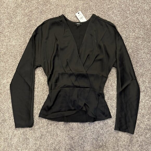 Express Women's Satin Draped Top Size XS Black Long Sleeves Faux Wrap NWT $58 - Picture 9 of 16